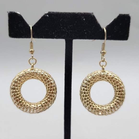 Mesh Woven Circle Dangle Earrings Gold Tone Fishhook Closures - Picture 1 of 5